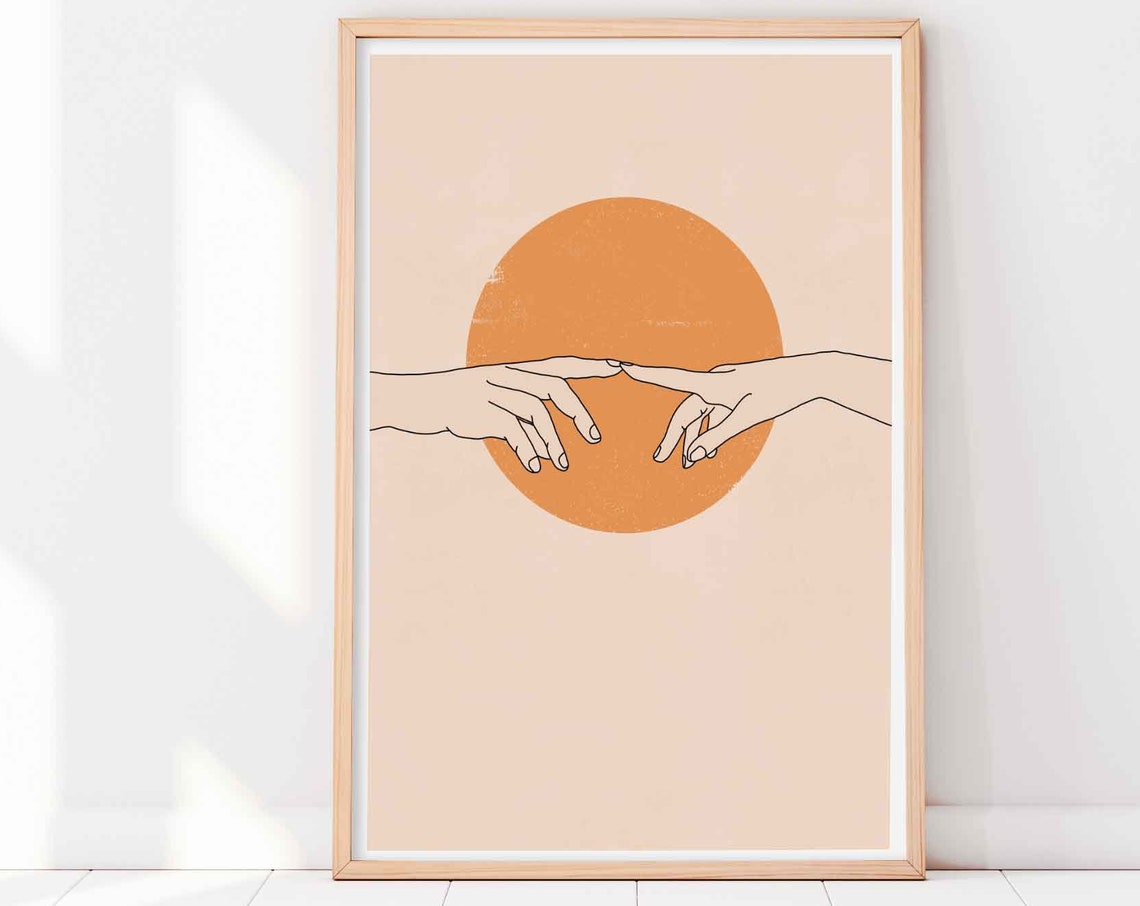 Retro Minimalist Hands Line Drawing Abstract Boho Wall Art Piece