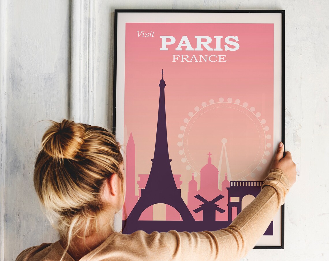 Visit Paris France Pink Eiffel Tower Silhouette Travel Poster