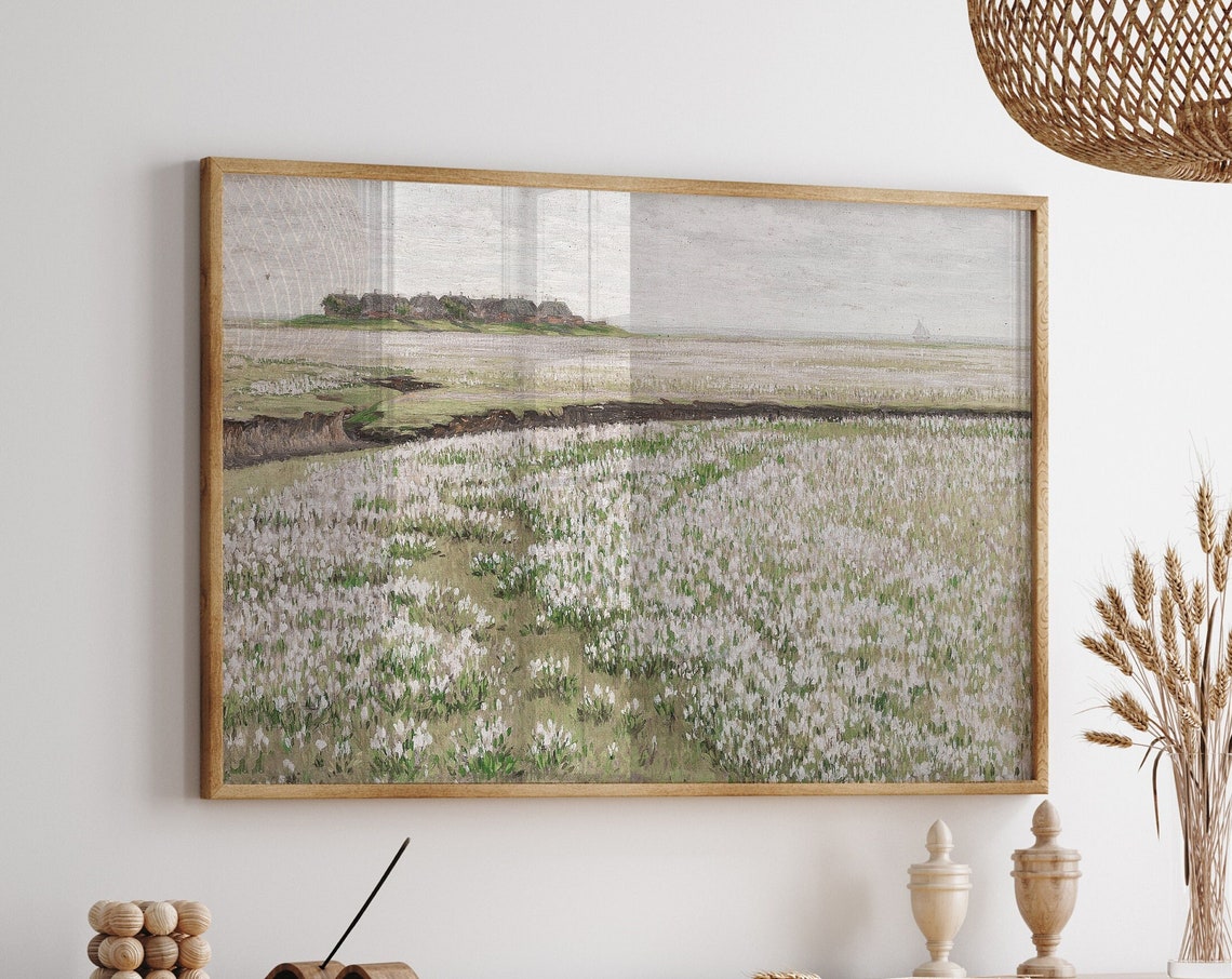 White Wildflower Meadow With a Distant Village Vintage Art Poster