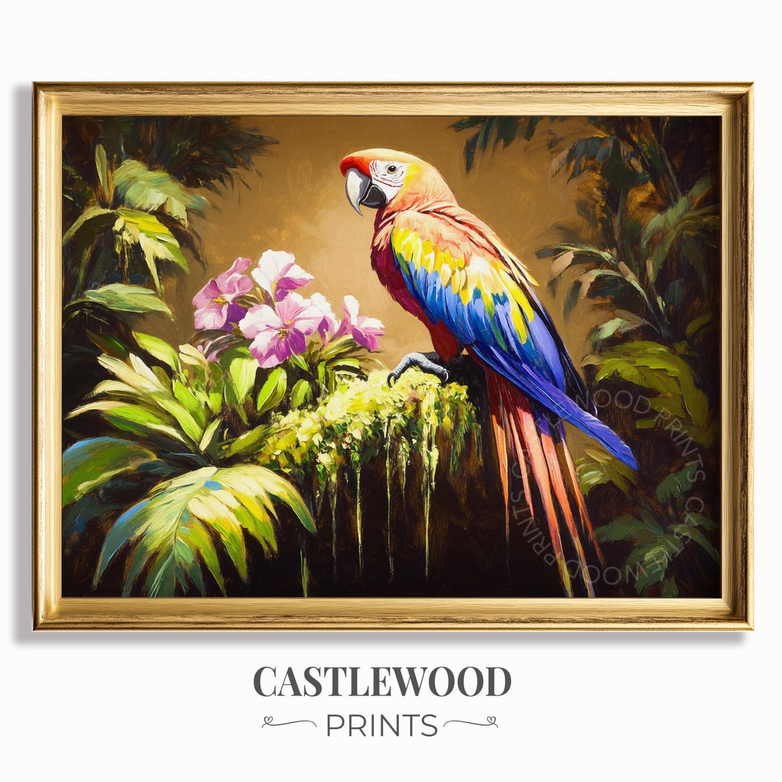 Scarlet Macaw Perched In Lush Tropical Jungle With Orchids Poster