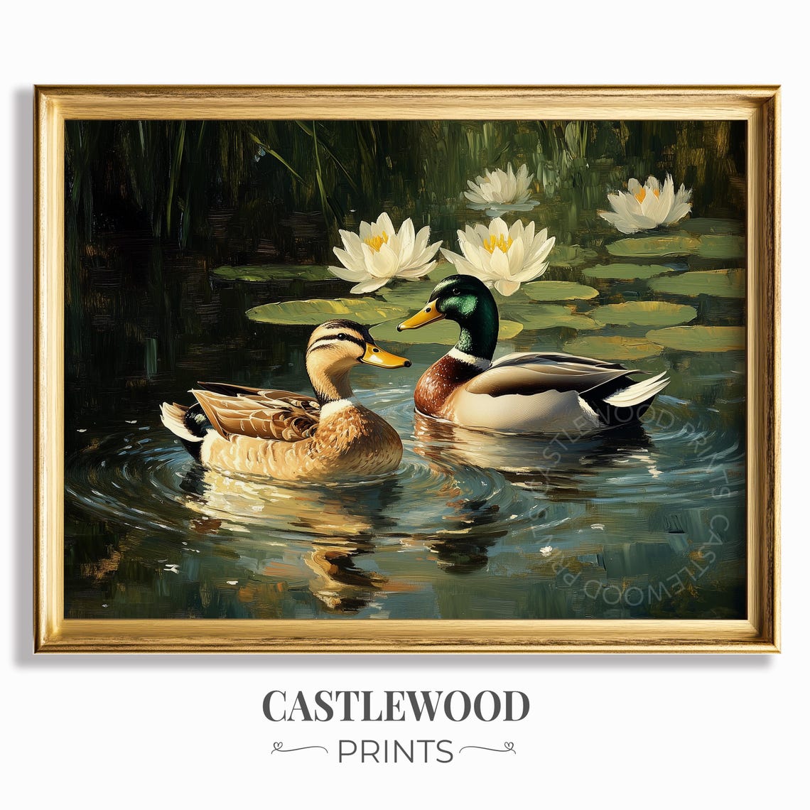 Mallard Duck Pair Among Water Lilies Moody Wildlife Art Poster