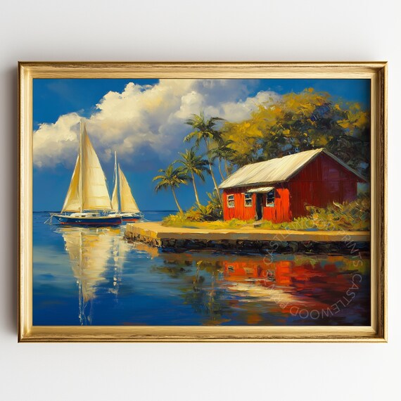 Sailboats At Sunny Marina With Red Boathouse And Palms Oil Art Poster