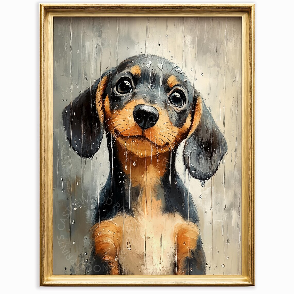 Rainy Day Black and Tan Dachshund Puppy Portrait Oil Painting Poster