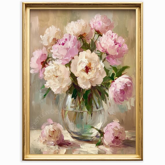 Soft Pink Peonies Oil Painting Floral Still Life Spring Decor Wall Art
