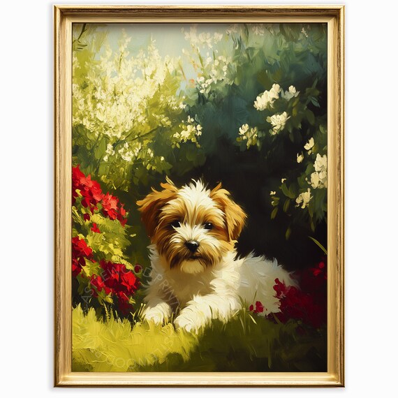 Cute Puppy In Garden Oil Painting Soft Brush Strokes Art Rustic Nature Scene Vintage Dog Print Wall Decor 640