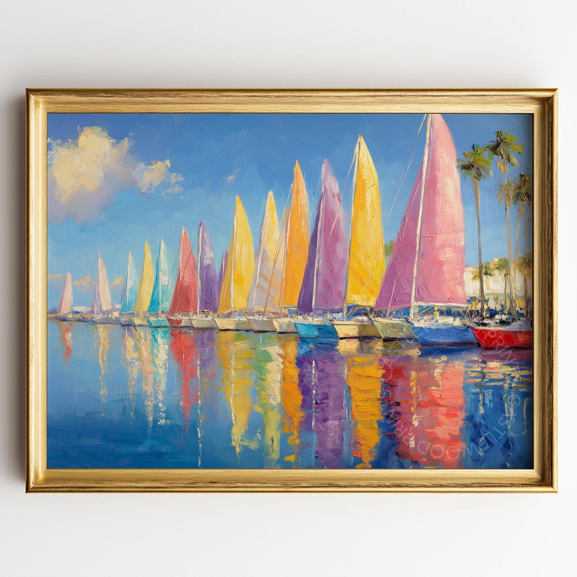 Colorful Sailboats At The Marina Vibrant Summer Seascape Art Nautical Wall Decor Coastal Oil Painting Print Boat Scene 248