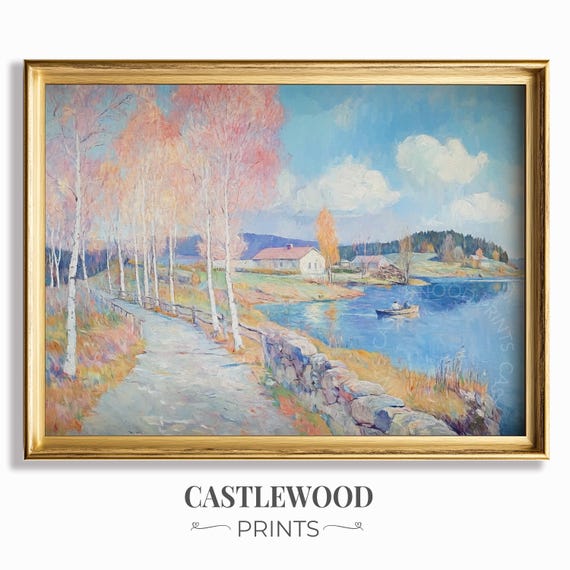Modern Postimpressionist Landscape Scenic Lake View Colorful Trees Wall Art Rustic Country Decor Vibrant Nature 722