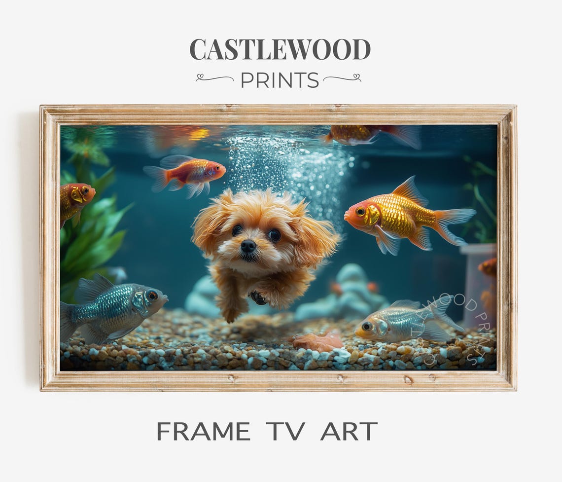 Golden Puppy Underwater With Fish Aquarium Frame TV Wall Art