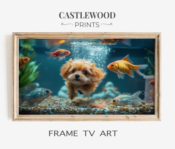Cute Dog Underwater Scene Frame Tv Art Swimming Puppy With Fish For Aquarium Decor Unique Pet Wall 75