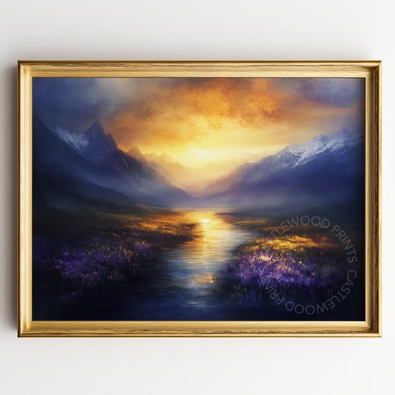 Ethereal Sunset Landscape Painting Majestic Mountain Scene Dreamy Sky Wall Art Mystical Nature Decor 169