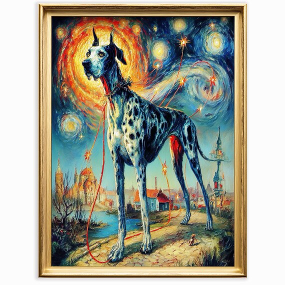Surreal Starry Night Dog Painting with Village Poster in Van Gogh Style