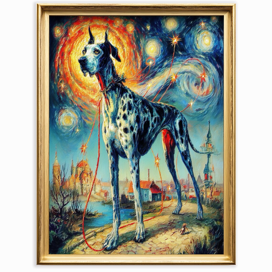 Surreal Starry Night Dog Painting with Village Poster in Van Gogh Style