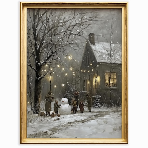 Children Building Snowman Night Vintage Cottage Christmas Painting Poster