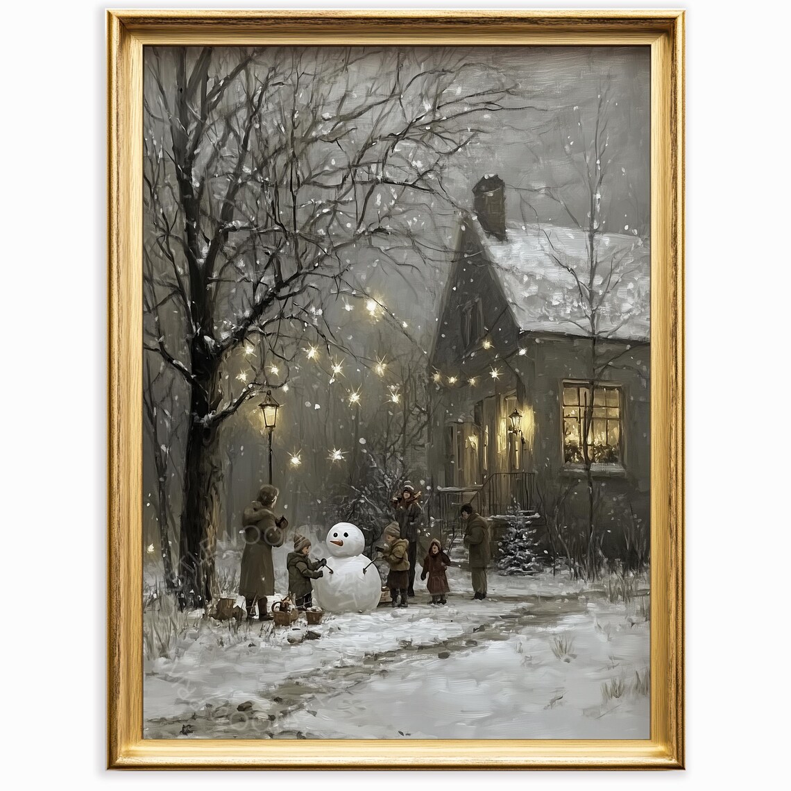 Children Building Snowman Night Vintage Cottage Christmas Painting Poster