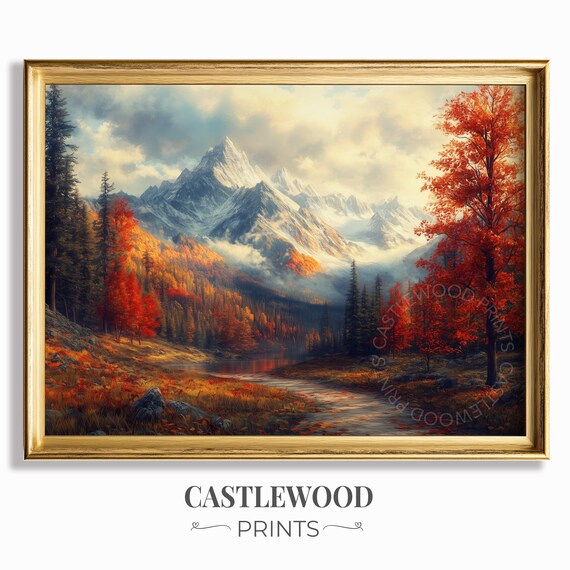 Majestic Autumn Mountain Valley With Snow Peaks And Red Trees Art Print