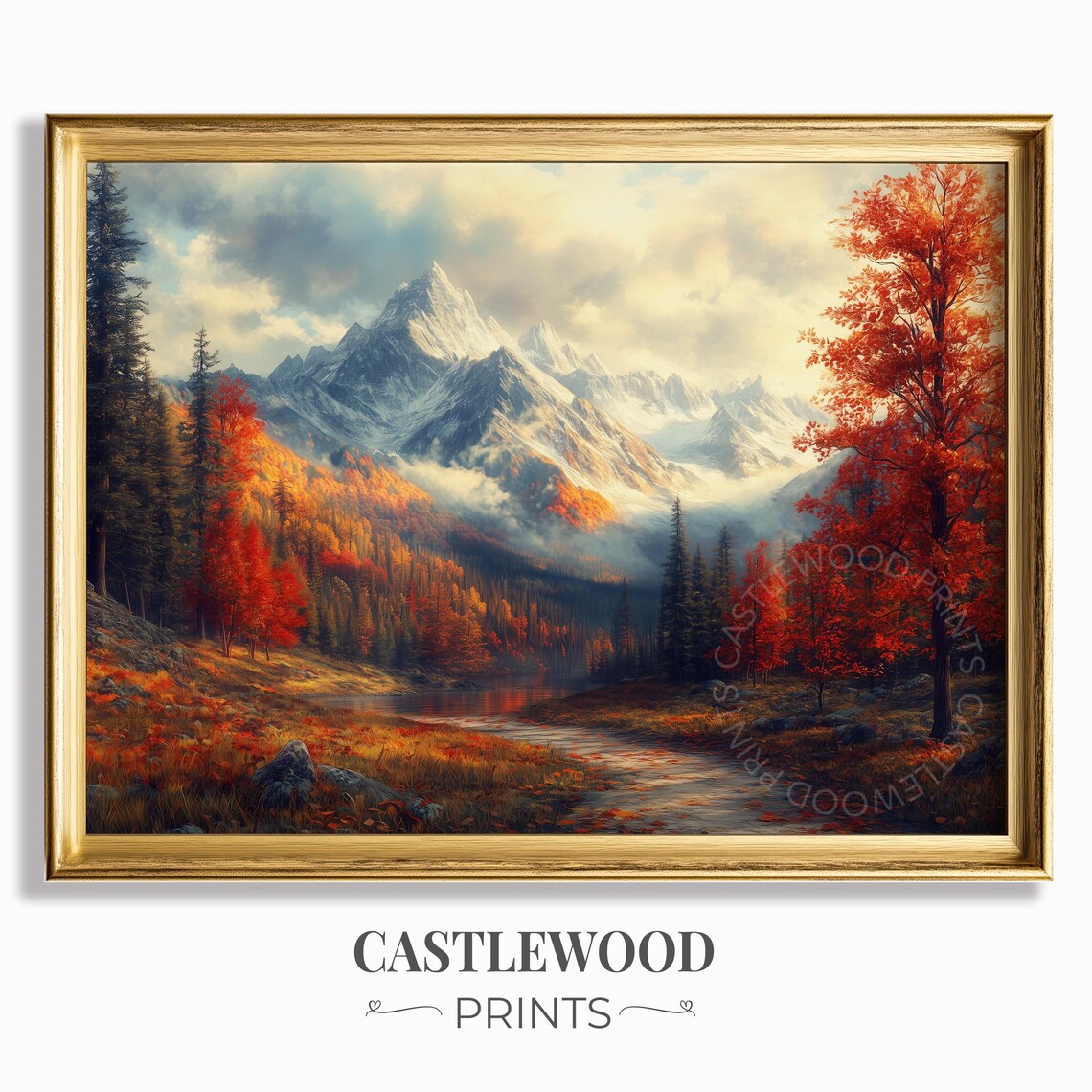 Majestic Autumn Mountain Valley With Snow Peaks And Red Trees Art Print