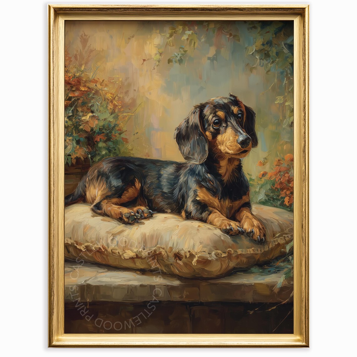 Black Tan Dachshund Oil Portrait Cushion Autumn Garden Scene Poster