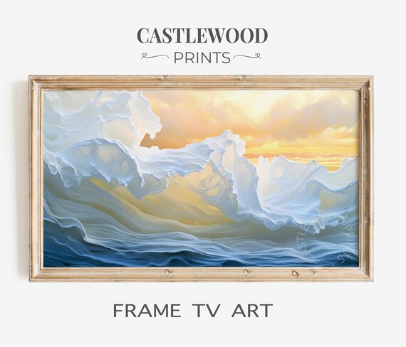Foamy Ocean Waves at Golden Sunset Coastal Frame TV Art Print
