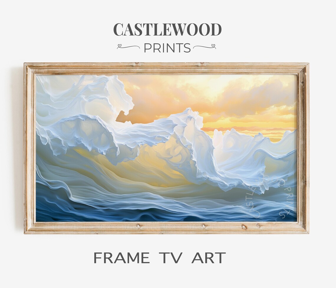 Foamy Ocean Waves at Golden Sunset Coastal Frame TV Art Print