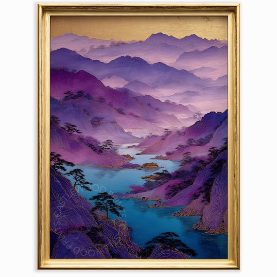 Ancient Mountain Landscape Painting Purple And Blue Misty Mountains Tranquil Nature Scene Wall Art Decor 942