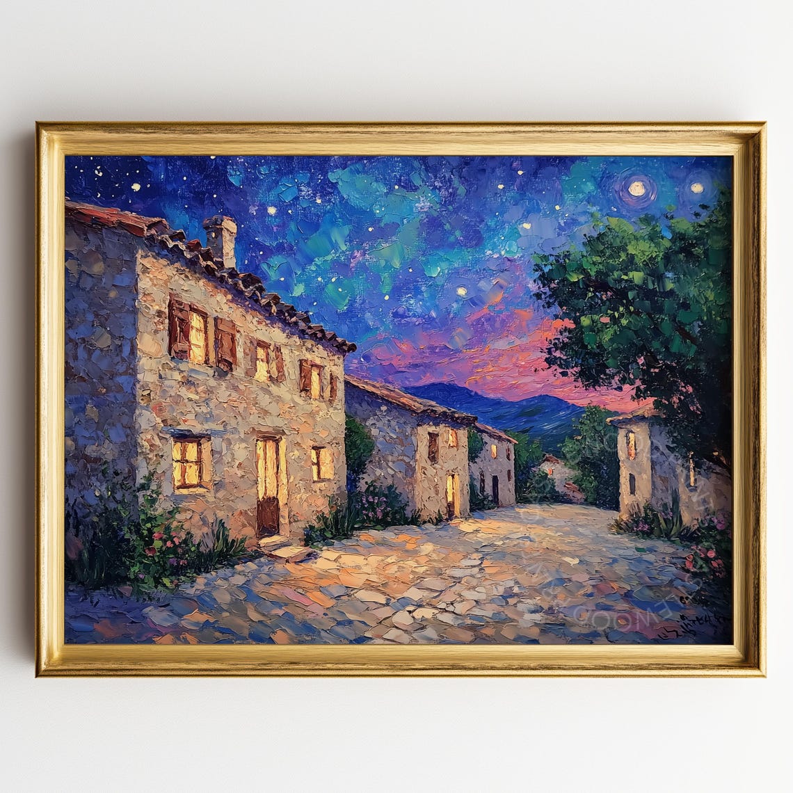 Starry Night Village Street Glowing Windows Impasto Oil Poster