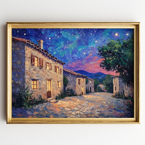 Starry Night Village Street Painting Rustic Cottage Wall Art Sky Decor Vintage Landscape Print 351