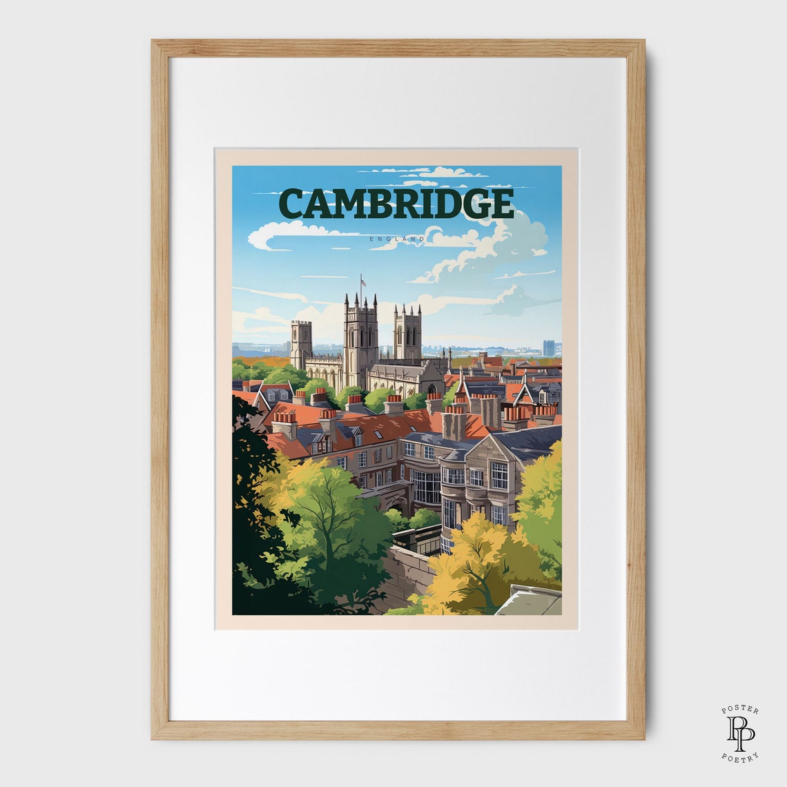 Cambridge England Kings College Chapel Rooftops Skyline Travel Poster - Image 4