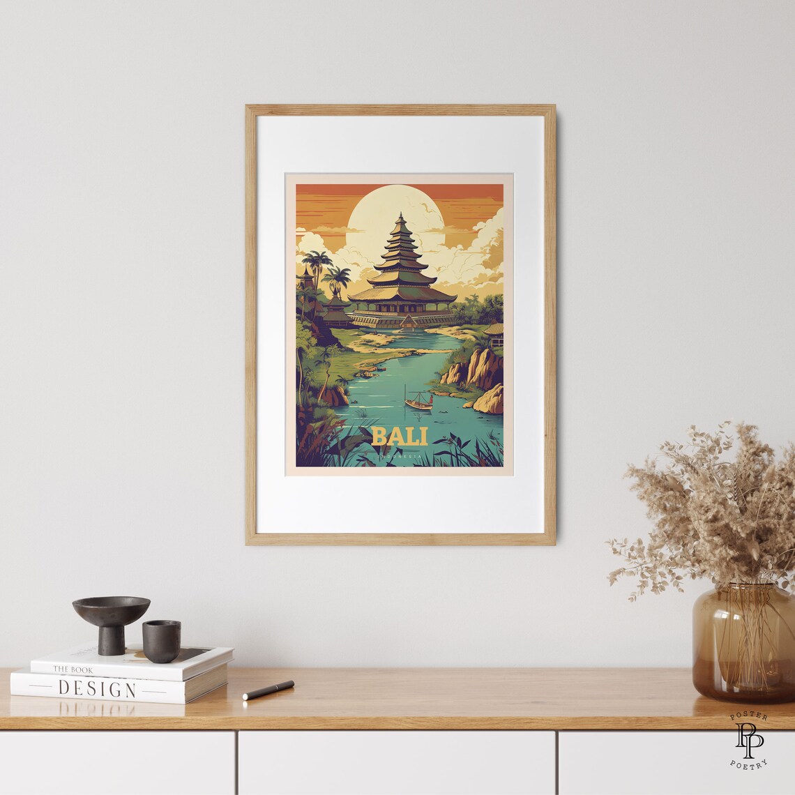 Bali Indonesia Balinese Temple Sunset River Boat Travel Poster - Image 3