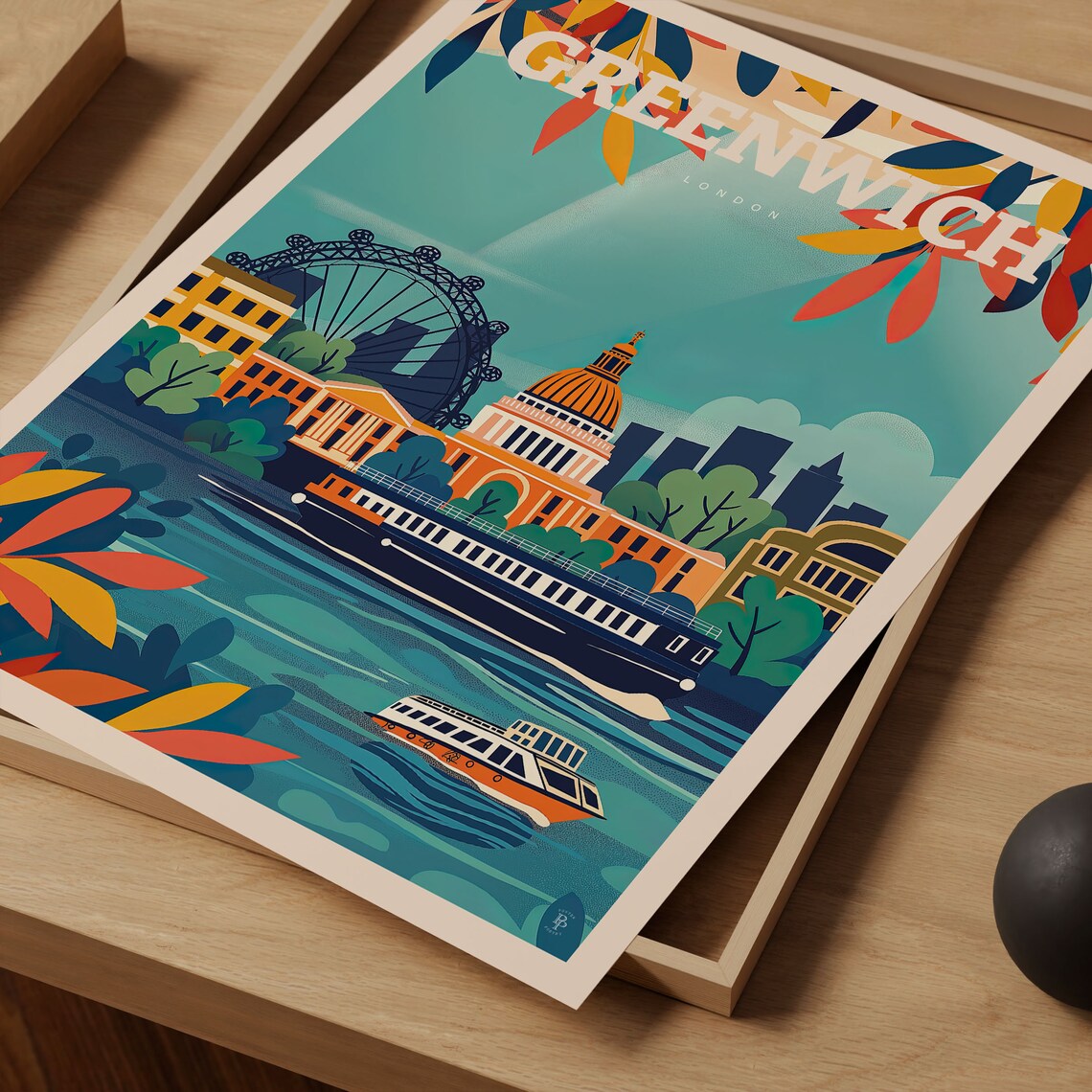 Greenwich London Eye Thames River Boats Bold Color Travel Poster - Image 4