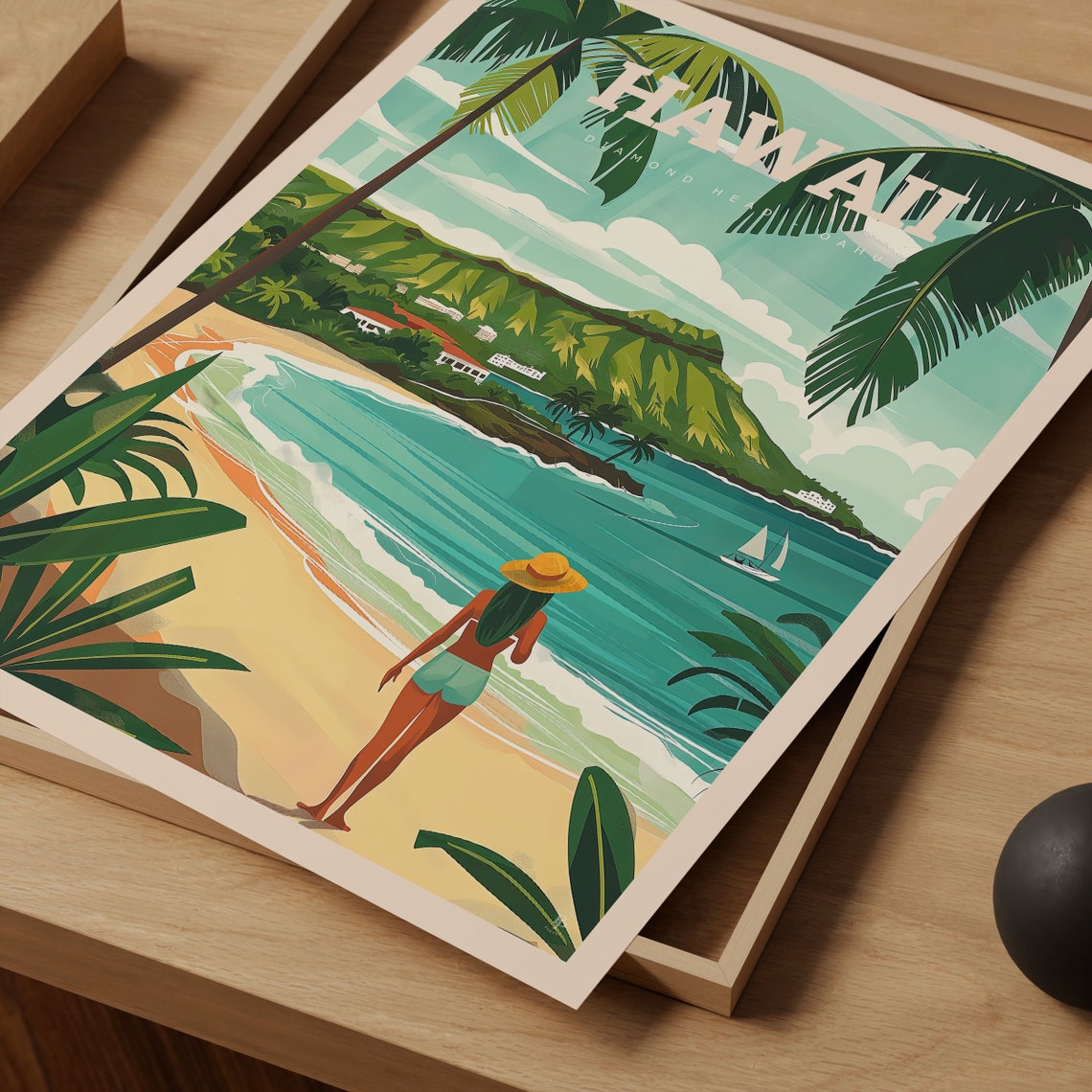 Oahu Hawaii Diamond Head Beach Palm Trees Ocean Sunset View Poster - Image 4