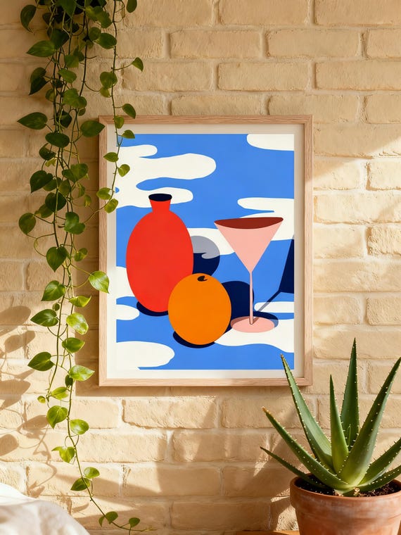 Modern Still Life Wall Art Print Abstract Fruit And Vase Poster Colorful Minimalist Kitchen Decor Bold Blue Orange