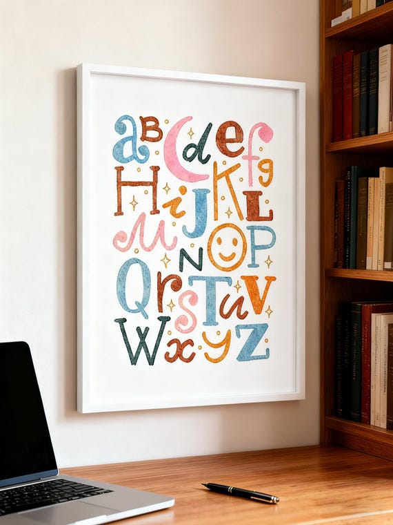 Colorful Alphabet Wall Art For Kids Abc Poster Nursery Playroom Or Classroom Educational Framed Baby Room Decor