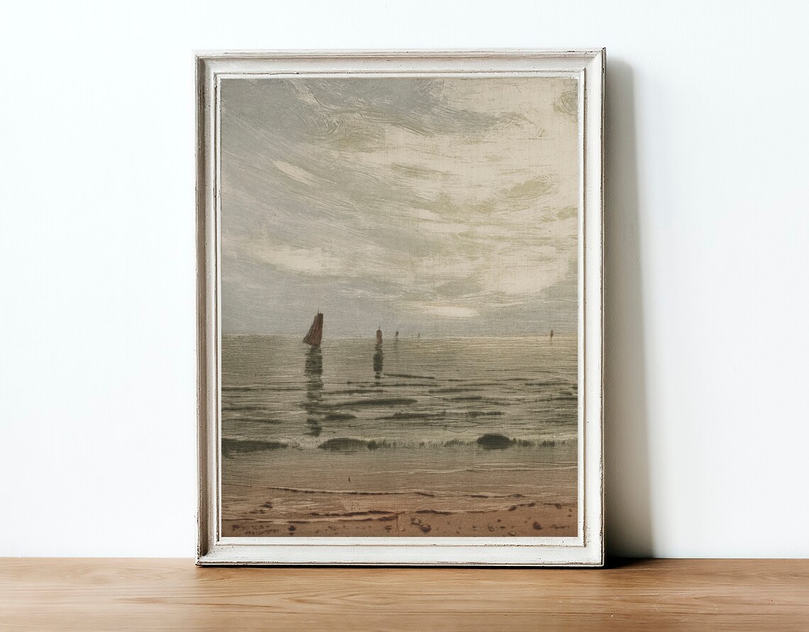 Vintage Coastal Painting, Neutral Ocean Art Print - Image 2