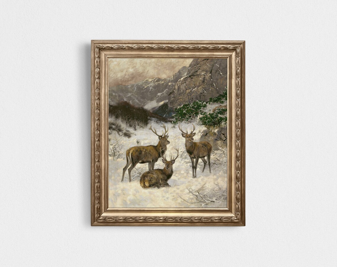 Vintage Reindeer Painting, Winter Landscape Art Print - Image 3
