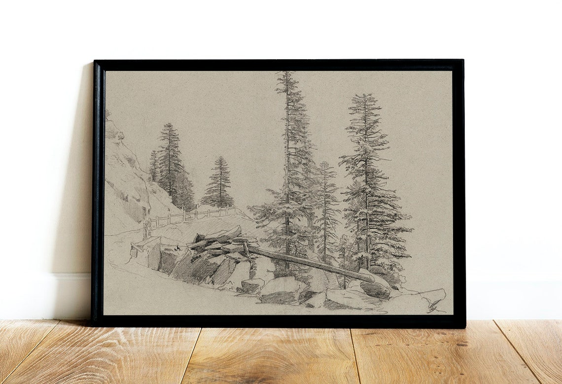 Rustic Landscape Drawing Spruce Tree Sketch Print Neutral Cabin Decor 345 - Image 2