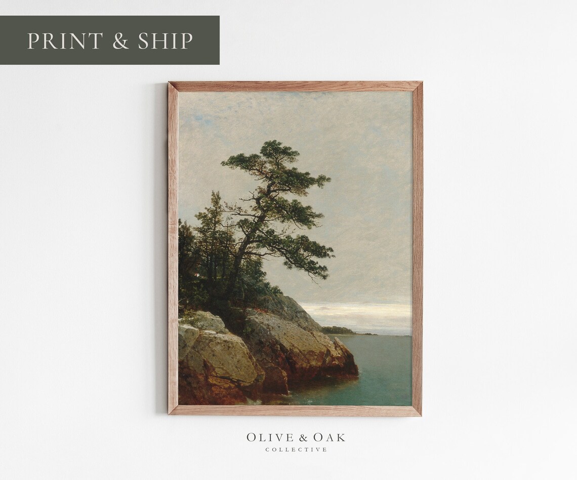 Coastal Landscape Painting, Vintage Pine Tree Rustic Decor