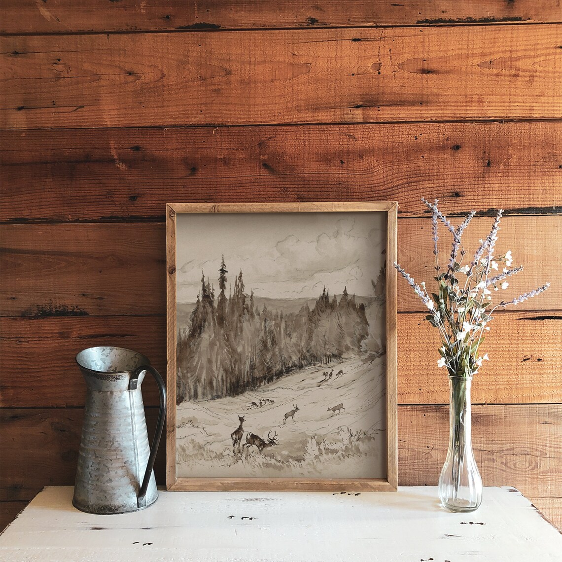 Rustic Deer, Neutral Landscape Art Print, Cabin Decor - Image 3