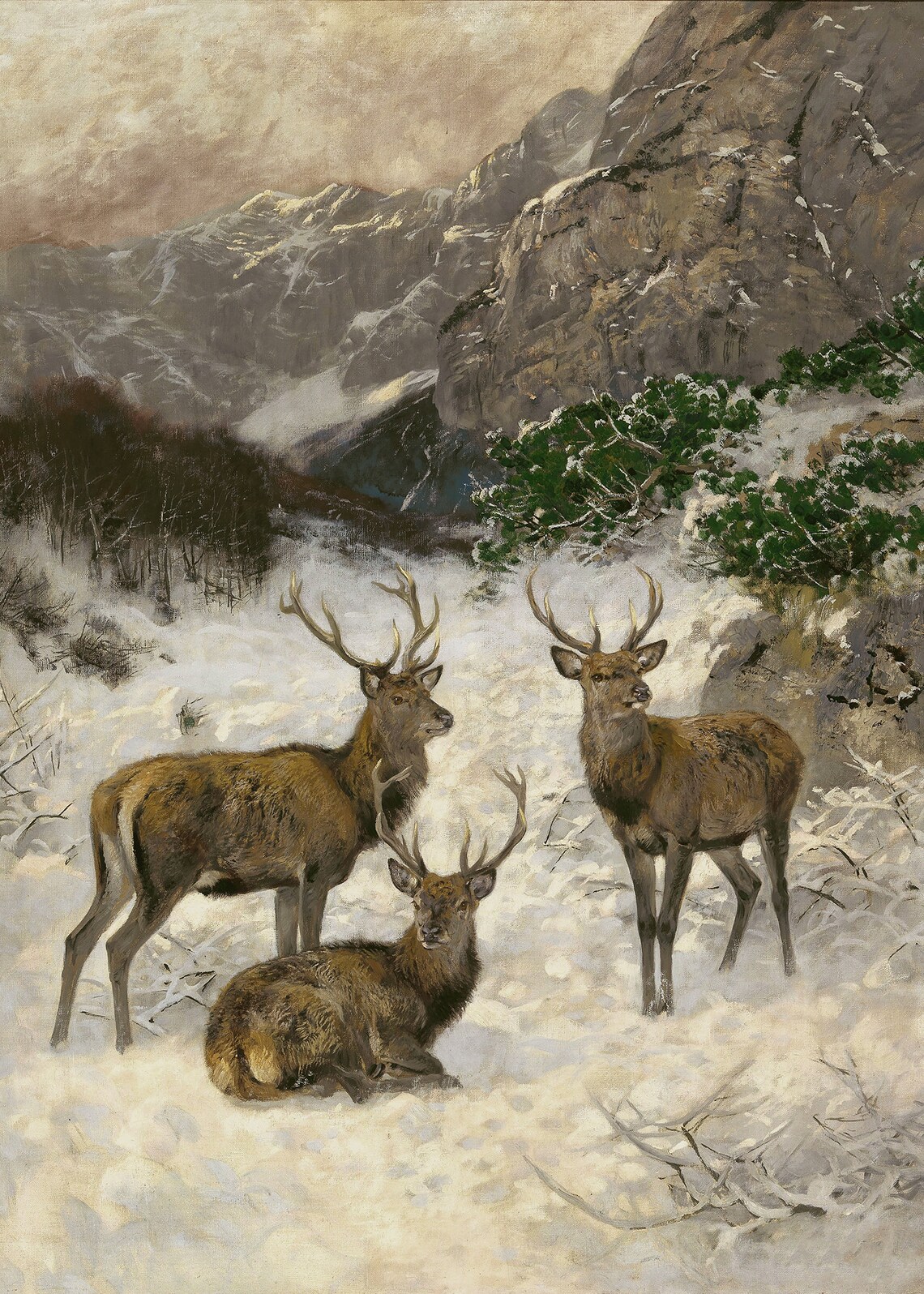 Vintage Reindeer Painting, Winter Landscape Art Print - Image 4