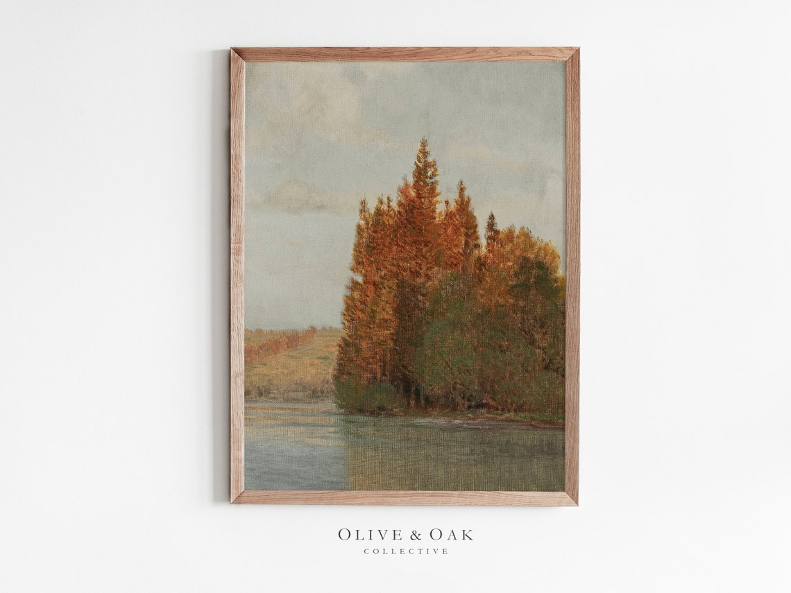 Autumn Lake Landscape Painting, Cottagecore Fall Art Print
