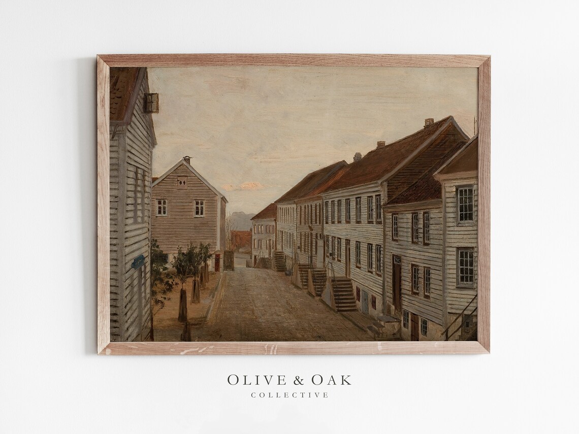 Neutral Village Landscape Art Print, Earth Tones