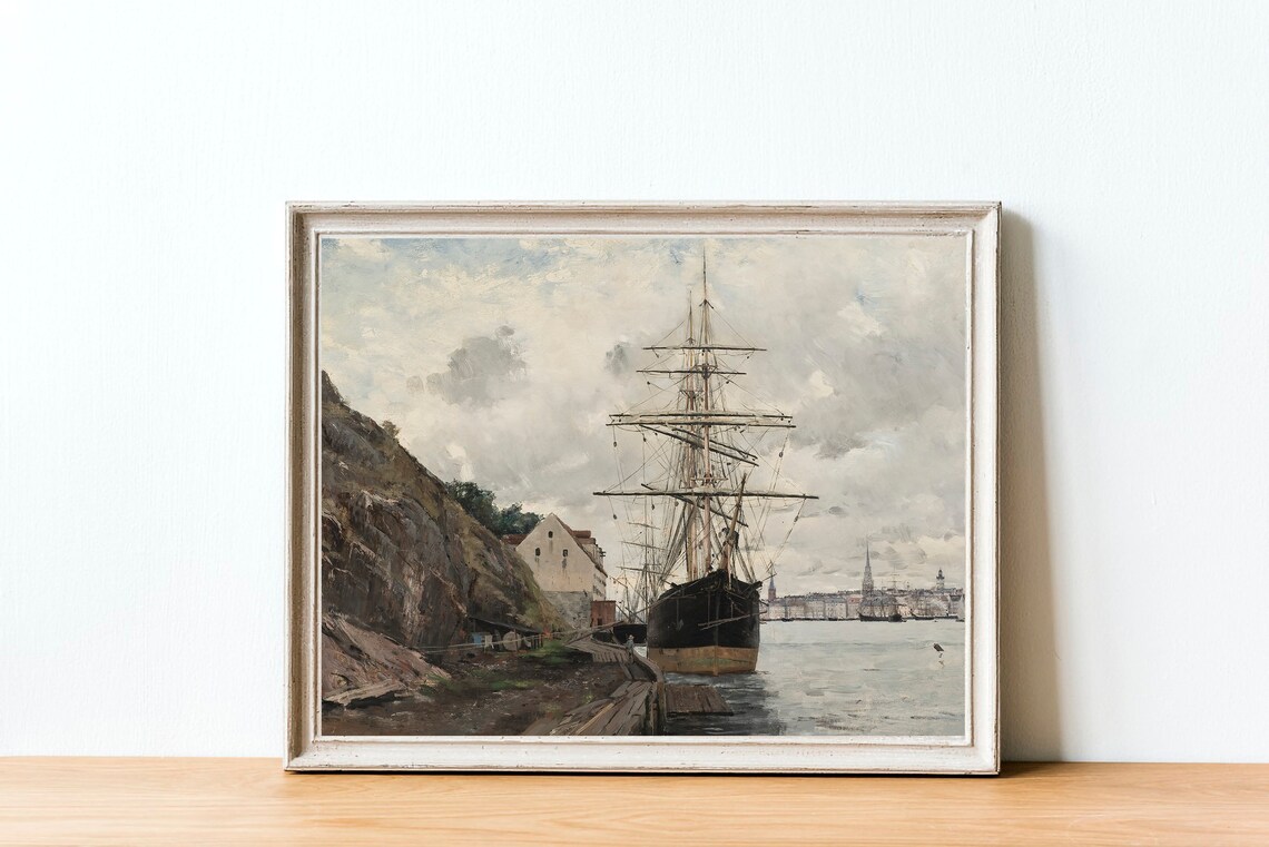 Vintage Nautical Ship Harbor Seascape Art Print - Image 3