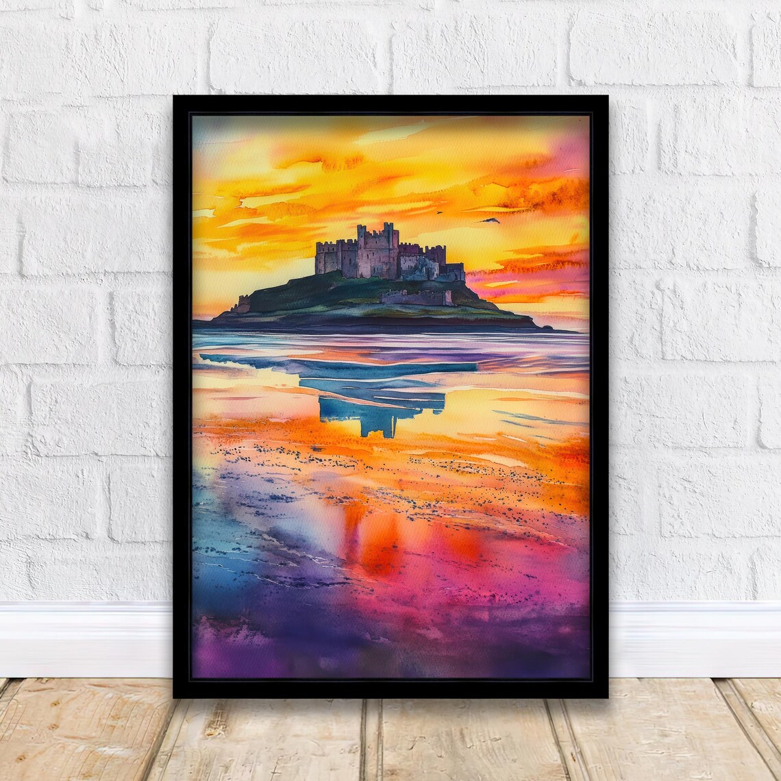 Bamburgh Castle Northumberland England Sunset Beach Watercolor Poster