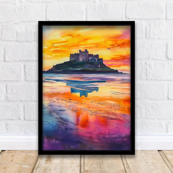 Bamburgh Castle Northumberland England Sunset Beach Watercolor Poster