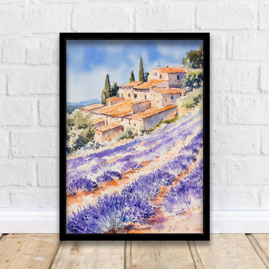 Provence Lavender Fields Watercolor French Village Hillside Poster