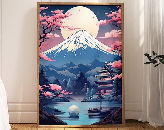 Mount Fuji Pagoda Cherry Blossom Moonlit Lake Japanese Style Wall Art
