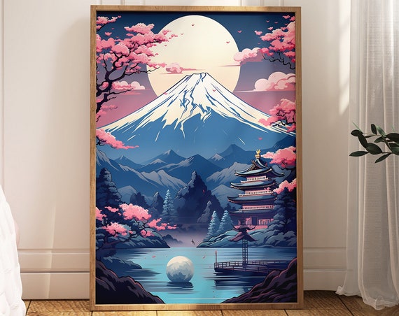 Mount Fuji Wall Art Ukiyoe Style Blue Pink Cherry Blossoms
