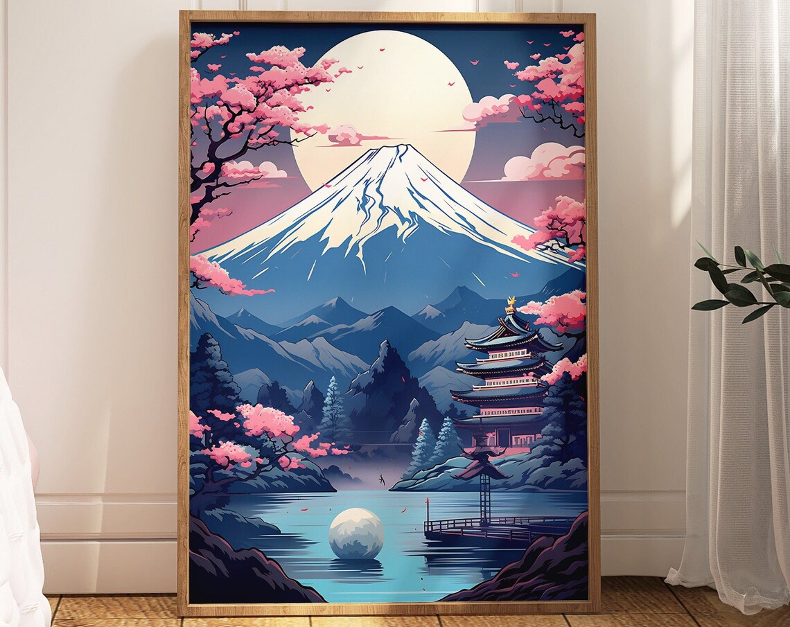 Mount Fuji Pagoda Cherry Blossom Moonlit Lake Japanese Style Wall Art