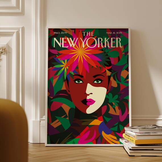 Vintage Botanical Portrait Magazine Cover Print Tropical Floral Wall Art Modern Woman Illustration Poster Colorful Abstract Decor Gift