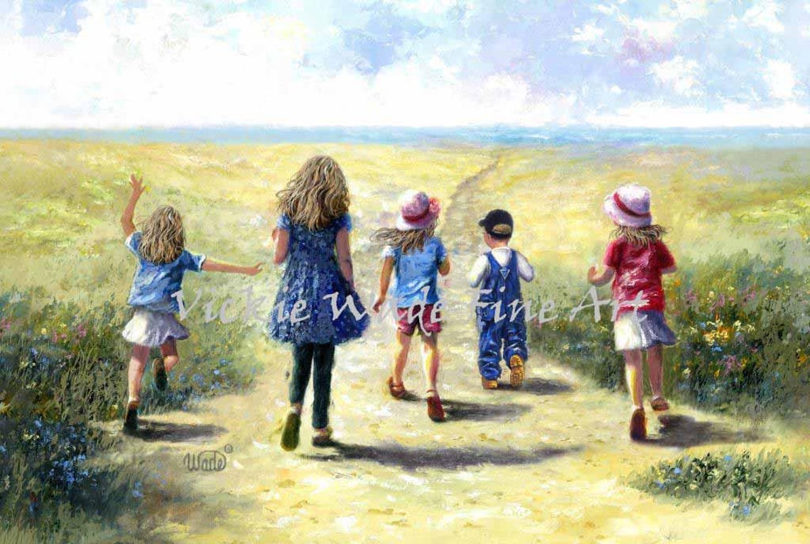 Five Children Running Down a Golden Path Toward the Ocean Poster