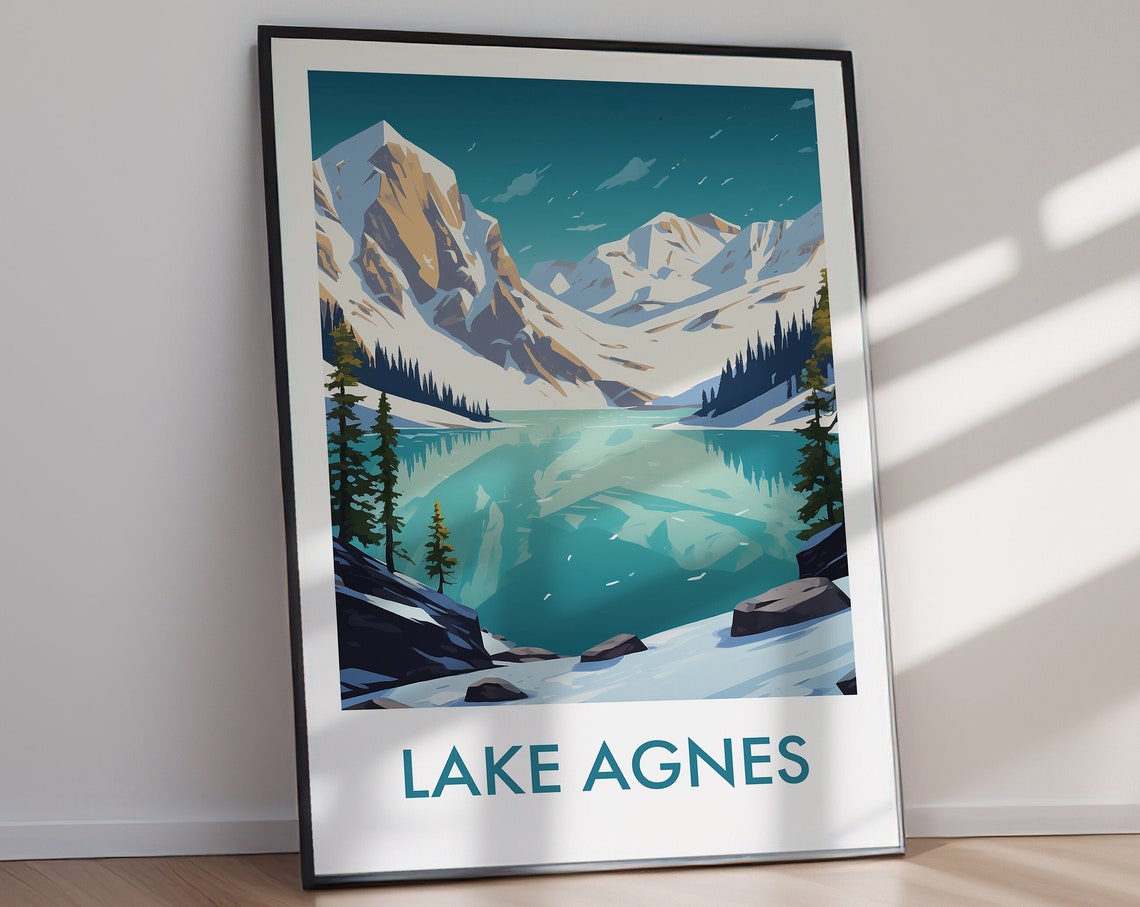 Lake Agnes Canada Snowy Peak Reflections Pine Forest Art Poster